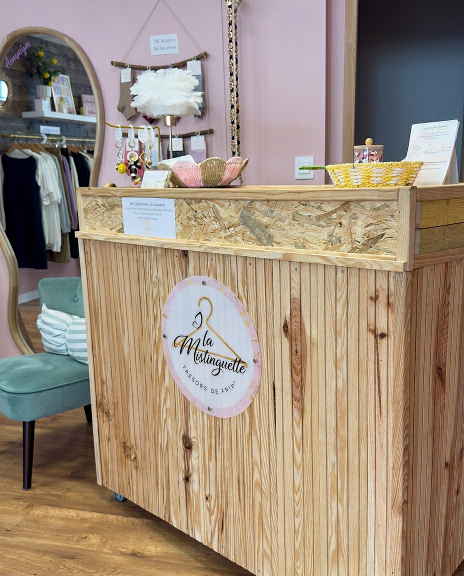 Comptoir en bois avec logo La Mistinguette